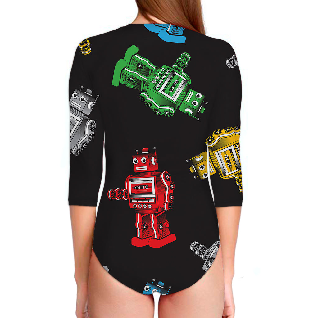 Vintage Robot Pattern Print Long Sleeve Swimsuit