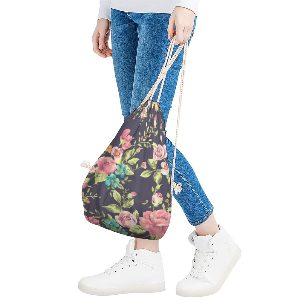 Vintage Rose Floral Flower Pattern Print Drawstring Bag