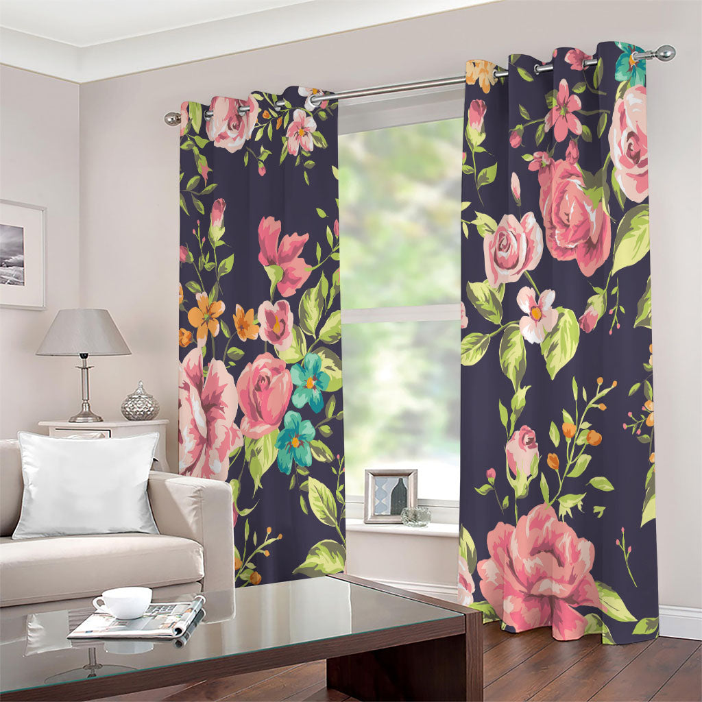Vintage Rose Floral Flower Pattern Print Extra Wide Grommet Curtains