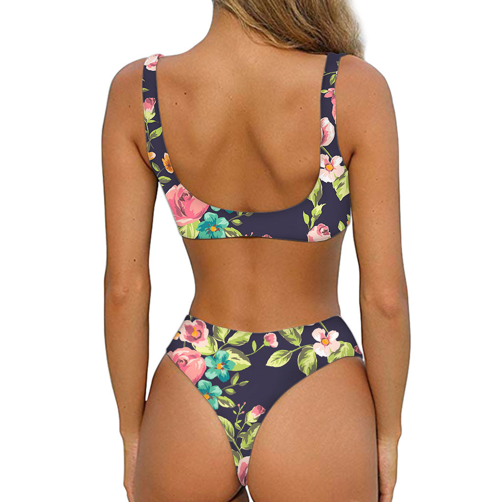 Vintage Rose Floral Flower Pattern Print Front Bow Tie Bikini