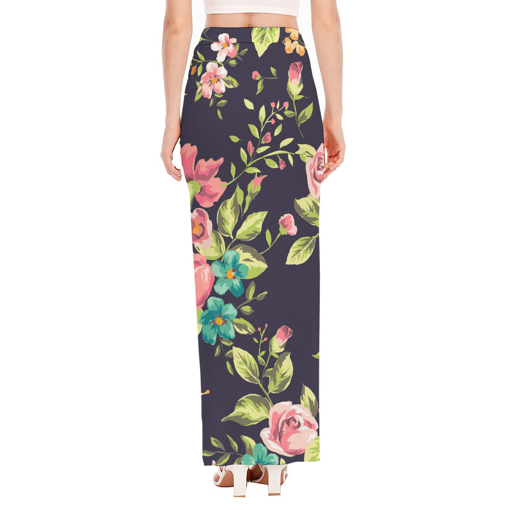 Vintage Rose Floral Flower Pattern Print High Slit Maxi Skirt