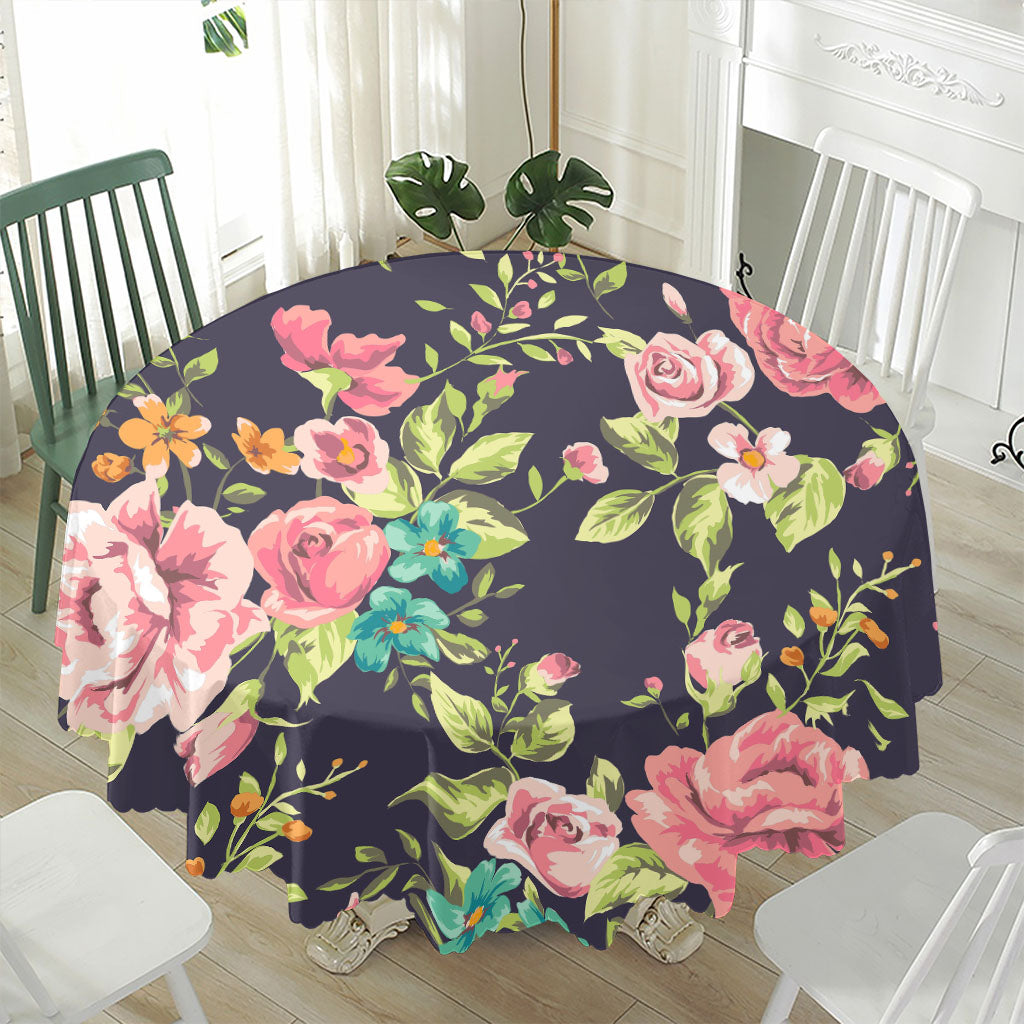 Vintage Rose Floral Flower Pattern Print Waterproof Round Tablecloth