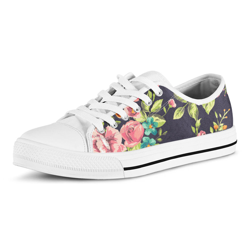 Vintage Rose Floral Flower Pattern Print White Low Top Sneakers