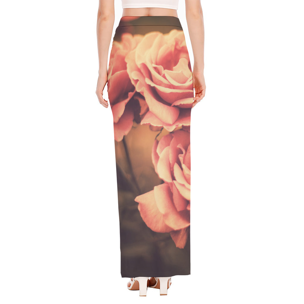 Vintage Rose Print High Slit Maxi Skirt
