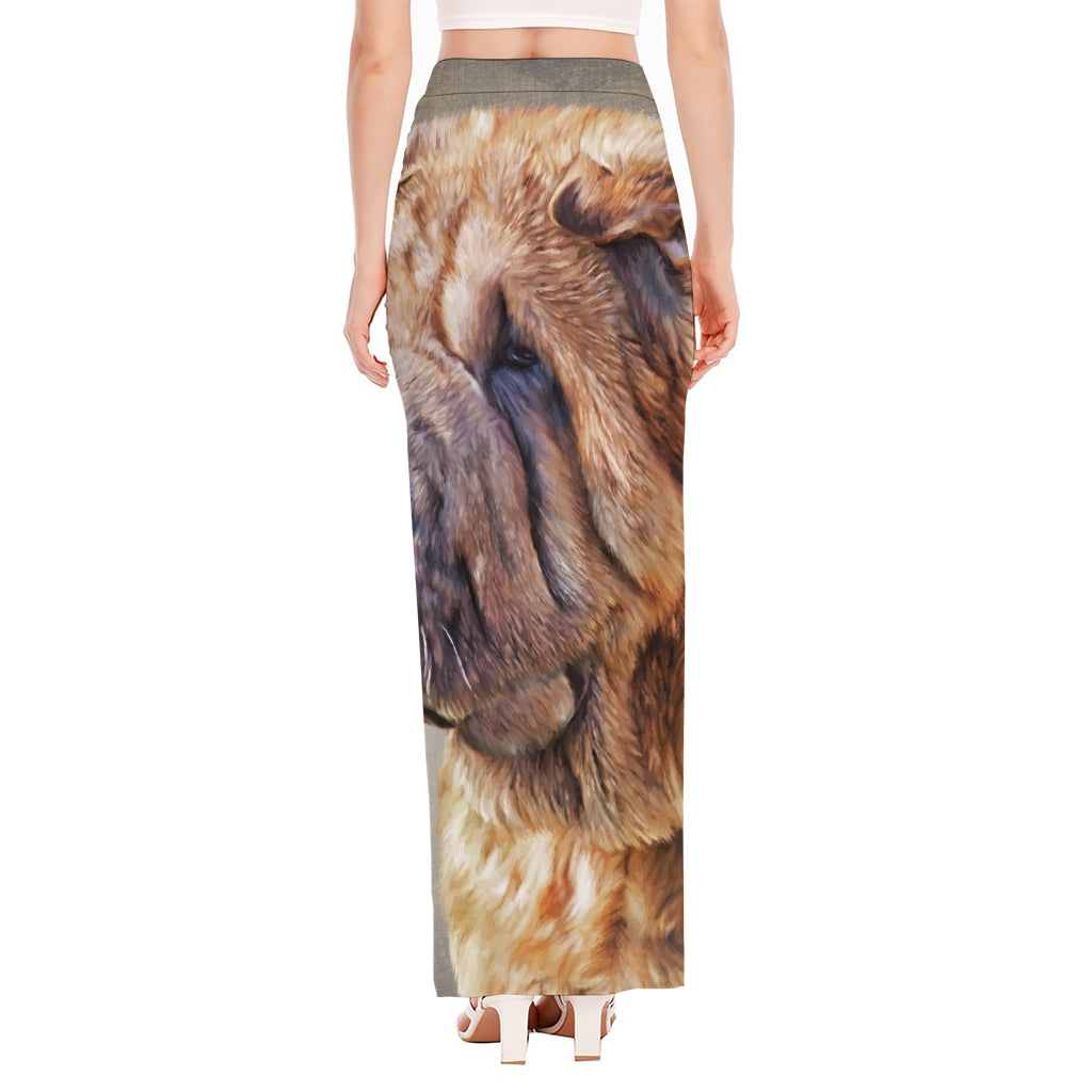 Vintage Shar Pei Print High Slit Maxi Skirt