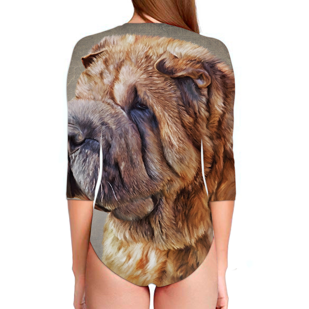 Vintage Shar Pei Print Long Sleeve Swimsuit