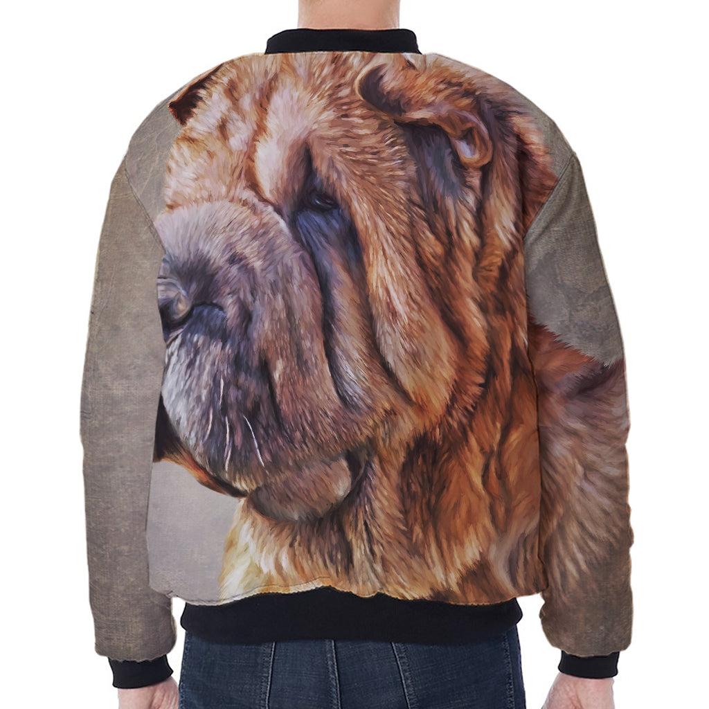 Vintage Shar Pei Print Zip Sleeve Bomber Jacket