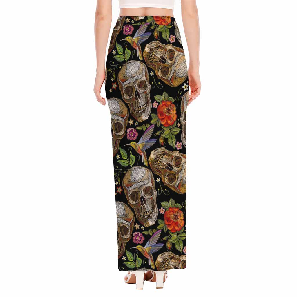 Vintage Skull Pattern Print High Slit Maxi Skirt