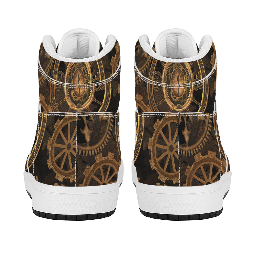 Vintage Steampunk Gears Print High Top Leather Sneakers