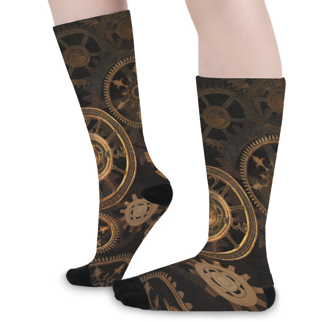 Vintage Steampunk Gears Print Long Socks