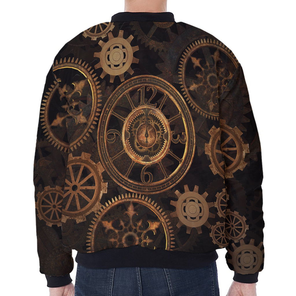 Vintage Steampunk Gears Print Zip Sleeve Bomber Jacket