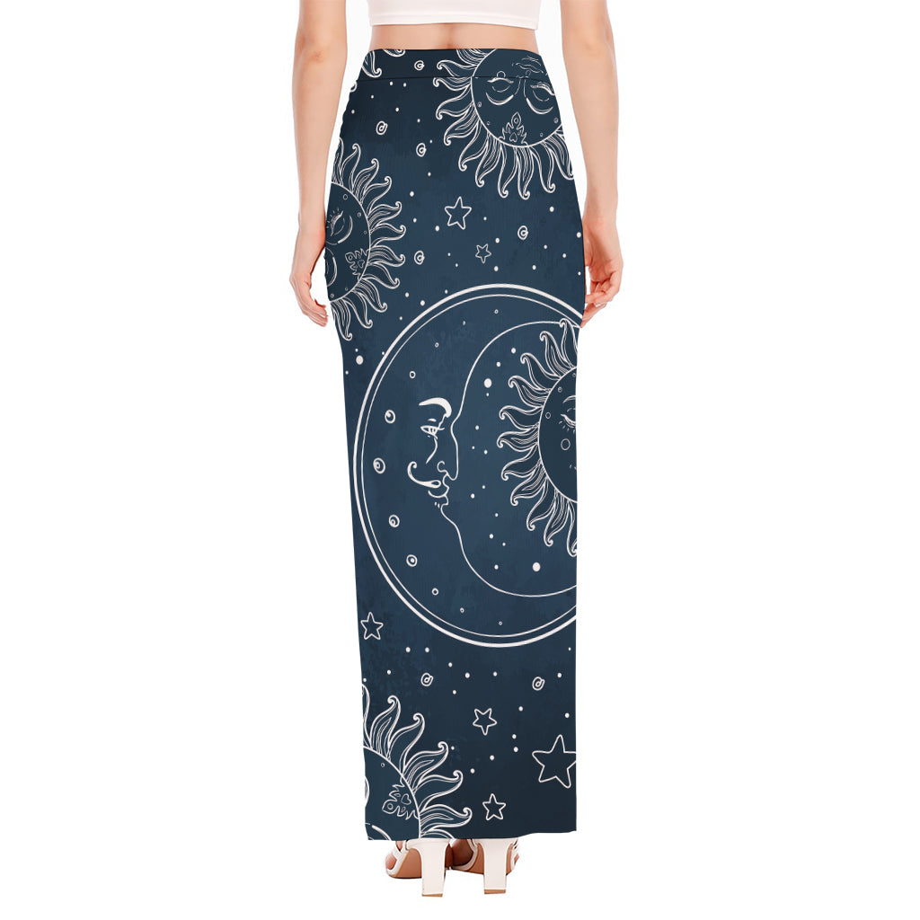 Vintage Sun And Moon Pattern Print High Slit Maxi Skirt