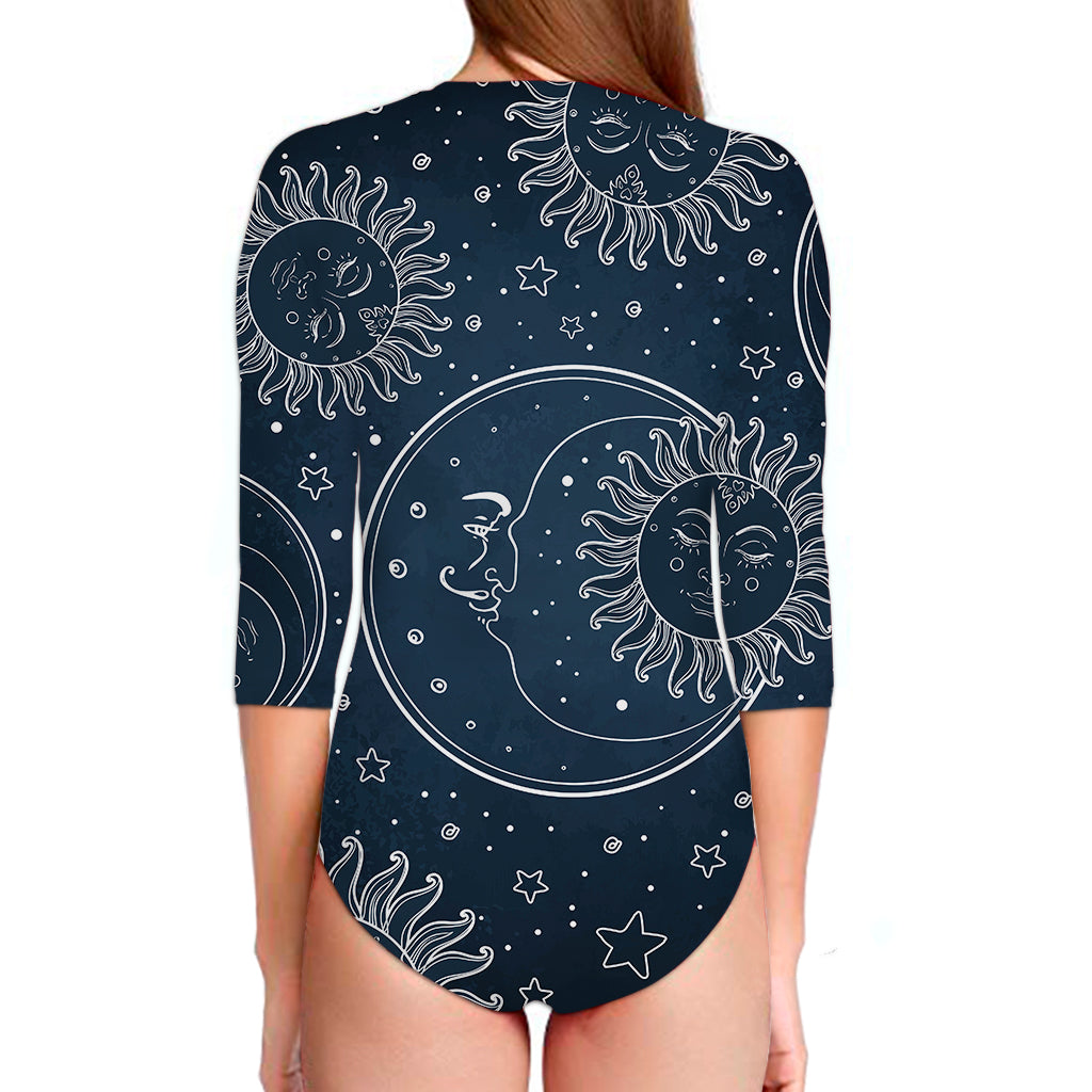 Vintage Sun And Moon Pattern Print Long Sleeve Swimsuit