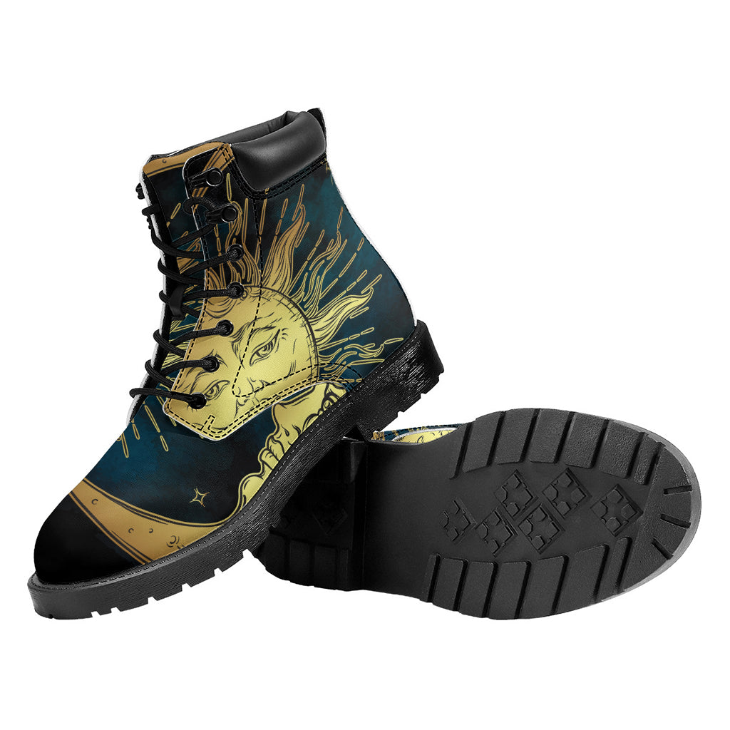 Vintage Sun And Moon Print Work Boots