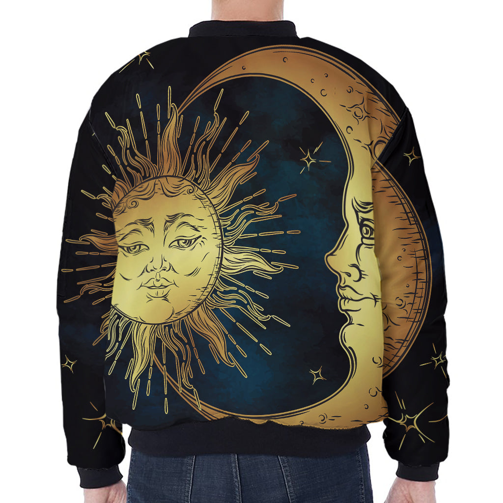Vintage Sun And Moon Print Zip Sleeve Bomber Jacket