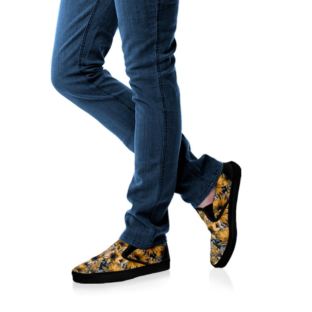 Vintage Sunflower Pattern Print Black Slip On Sneakers