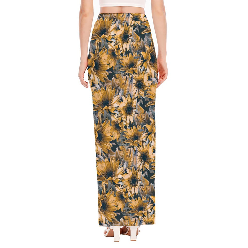 Vintage Sunflower Pattern Print High Slit Maxi Skirt
