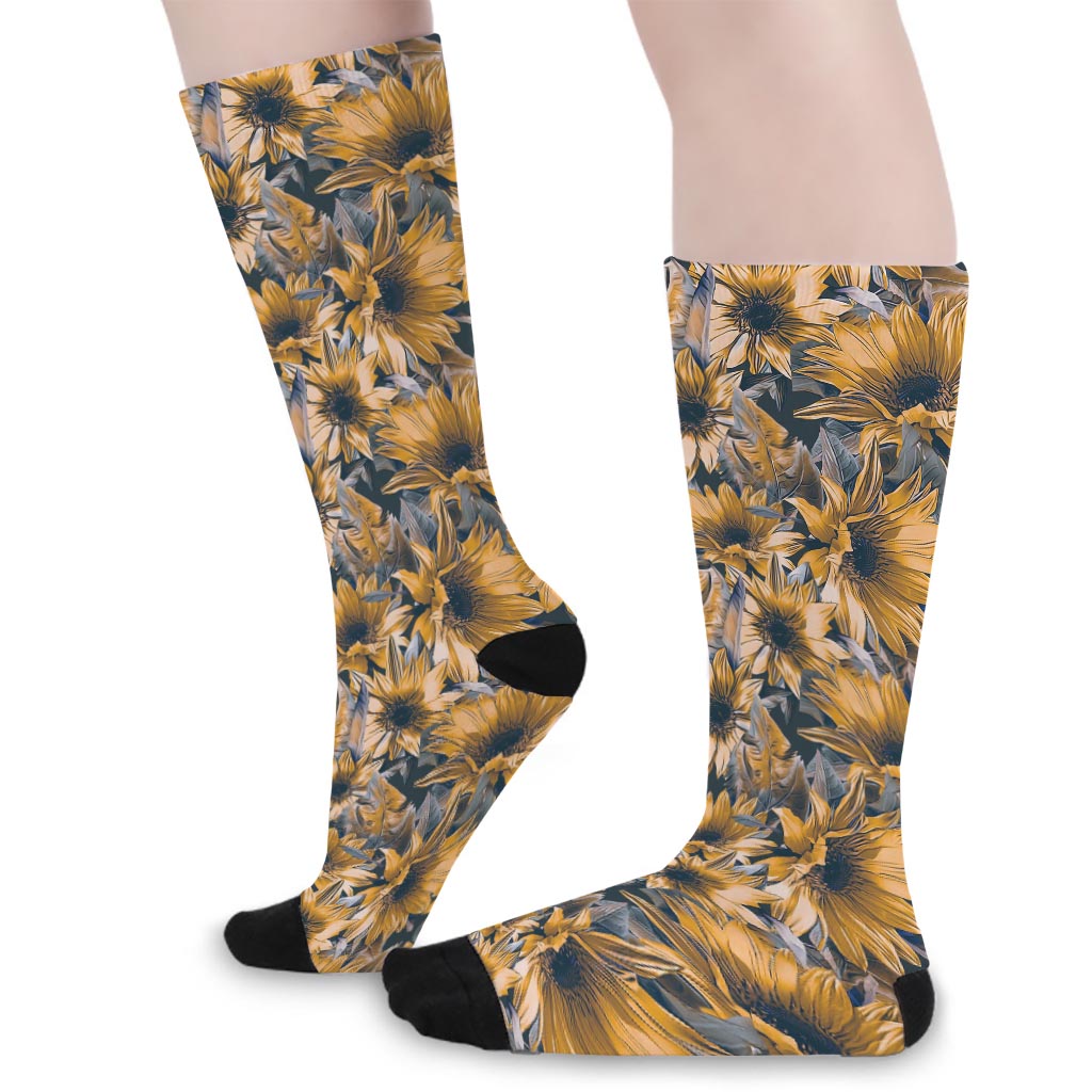 Vintage Sunflower Pattern Print Long Socks