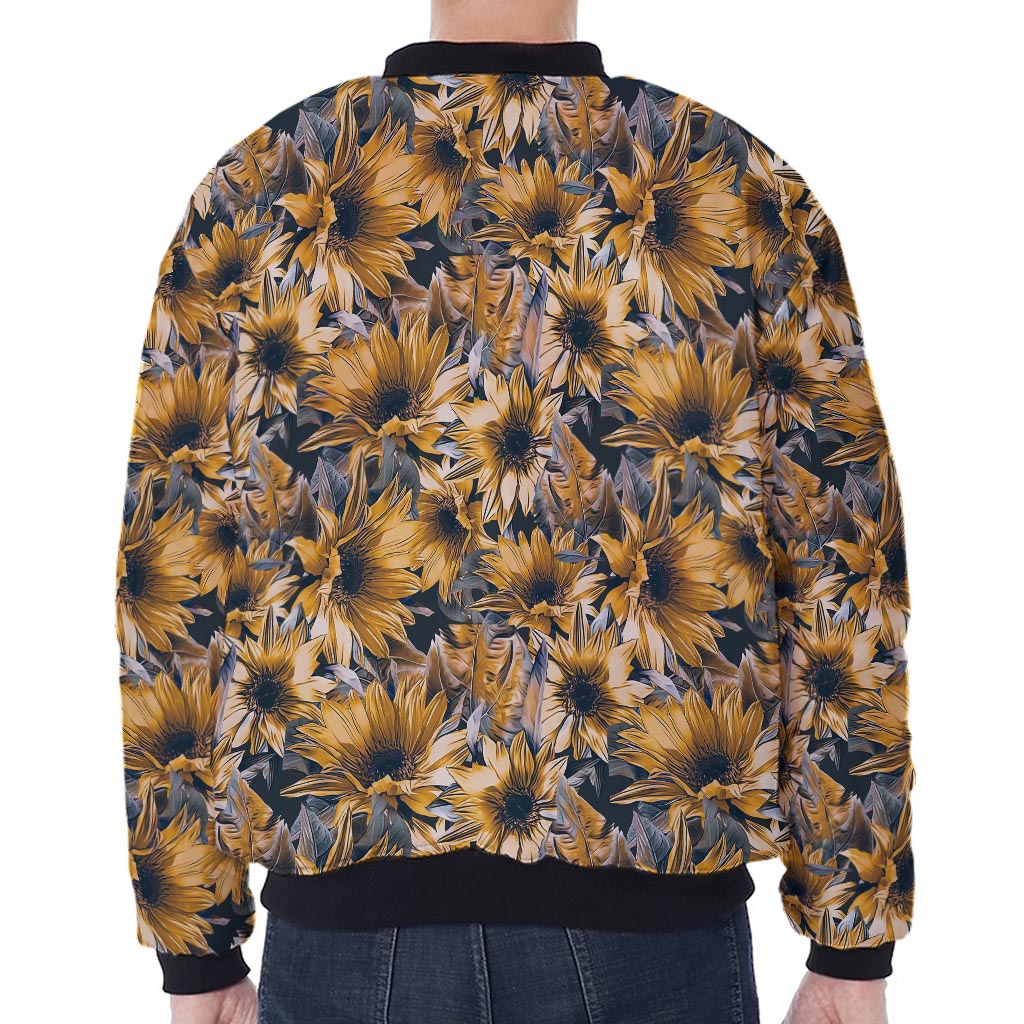 Vintage Sunflower Pattern Print Zip Sleeve Bomber Jacket