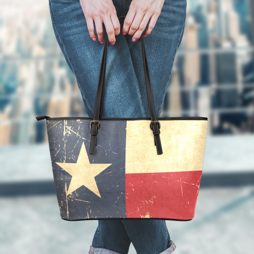 Vintage Texas Flag Print Leather Tote Bag