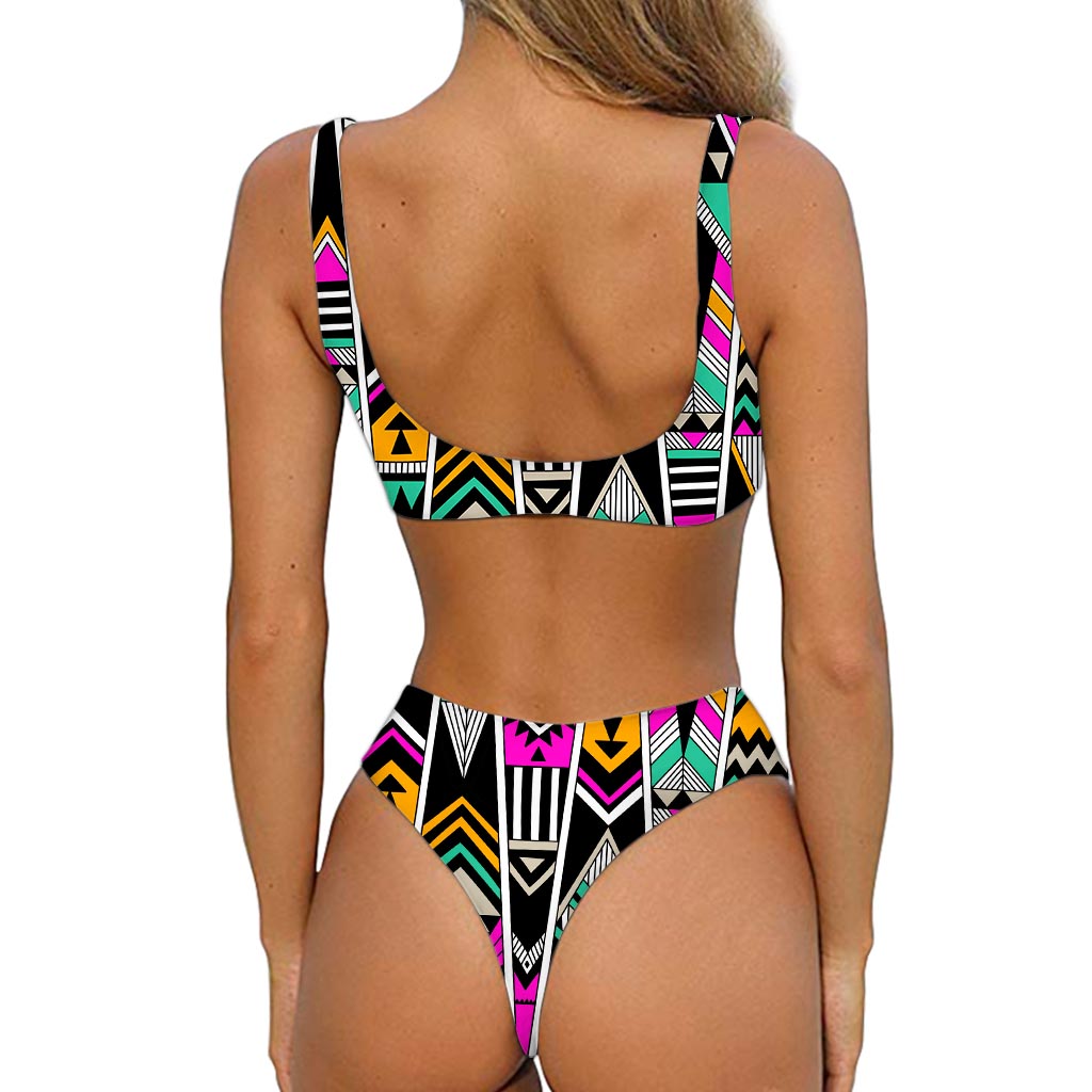 Vintage Tribal Aztec Pattern Print Front Bow Tie Bikini