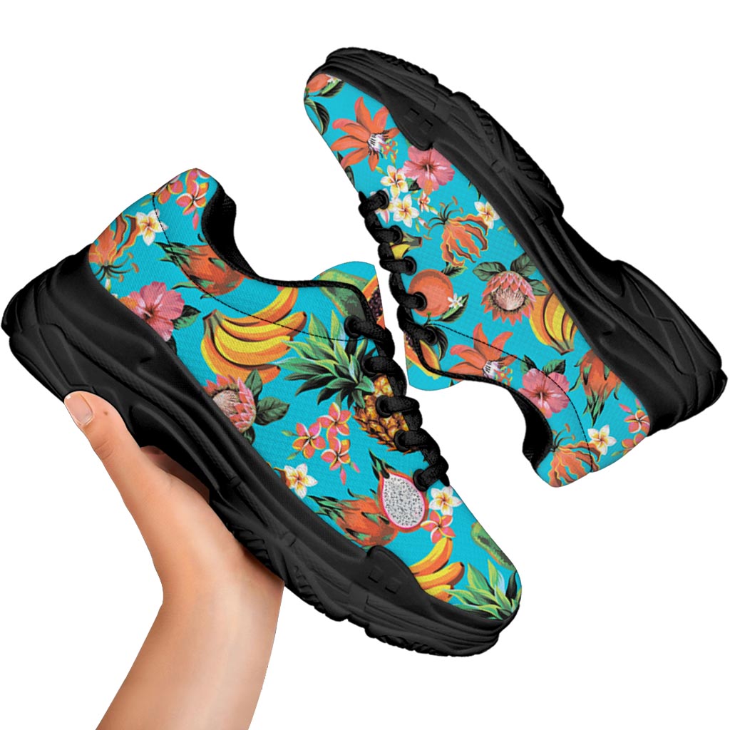 Vintage Tropical Fruits Pattern Print Black Chunky Shoes