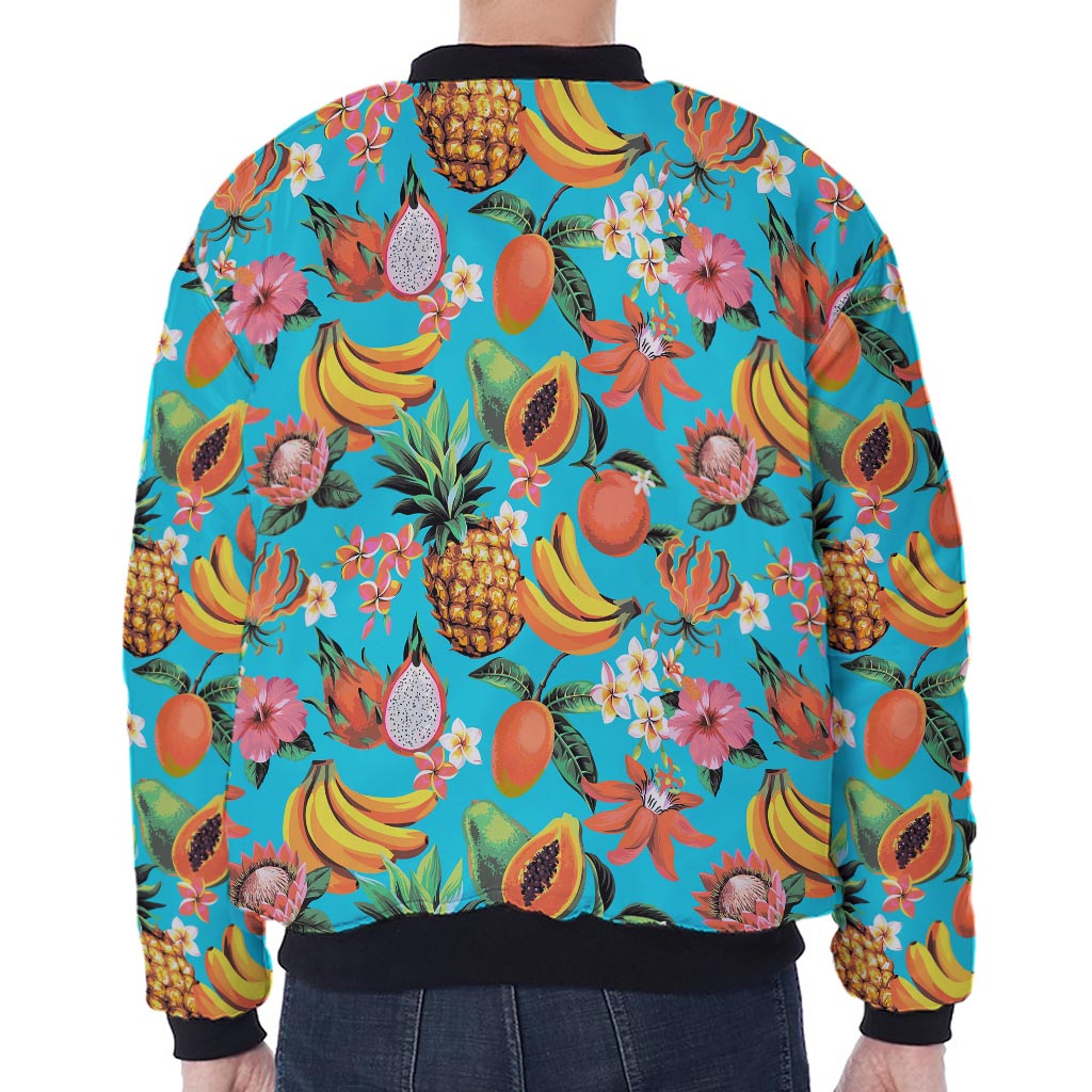 Vintage Tropical Fruits Pattern Print Zip Sleeve Bomber Jacket