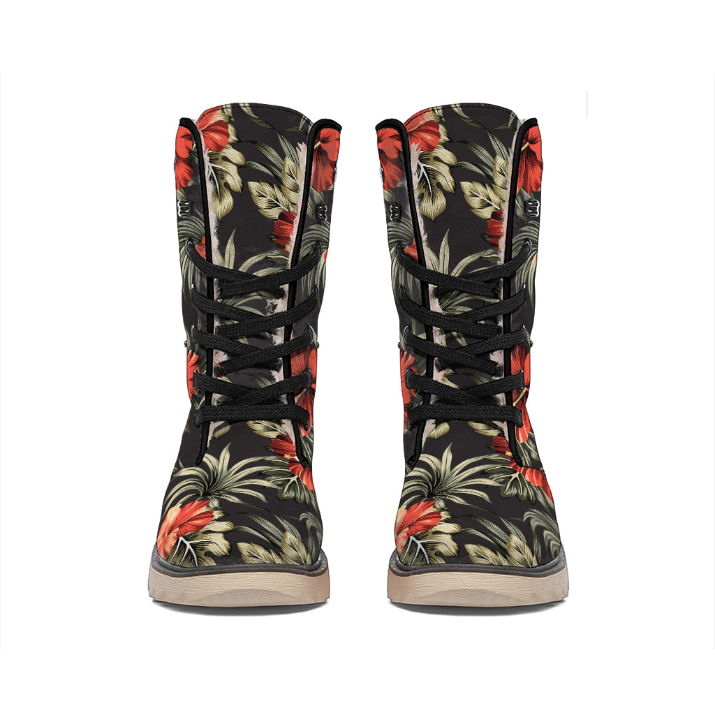 Vintage Tropical Hibiscus Floral Print Winter Boots