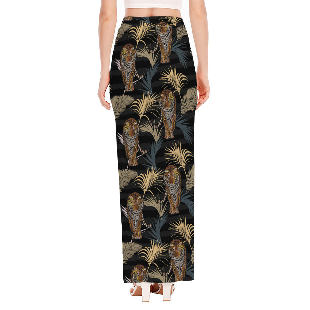 Vintage Tropical Tiger Pattern Print High Slit Maxi Skirt