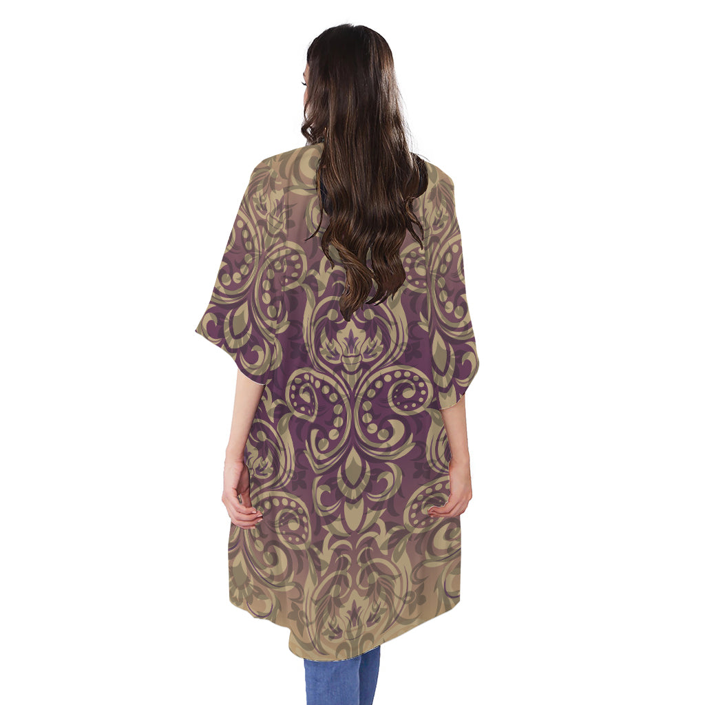 Vintage Western Damask Floral Print Open Front Beach Cover Up