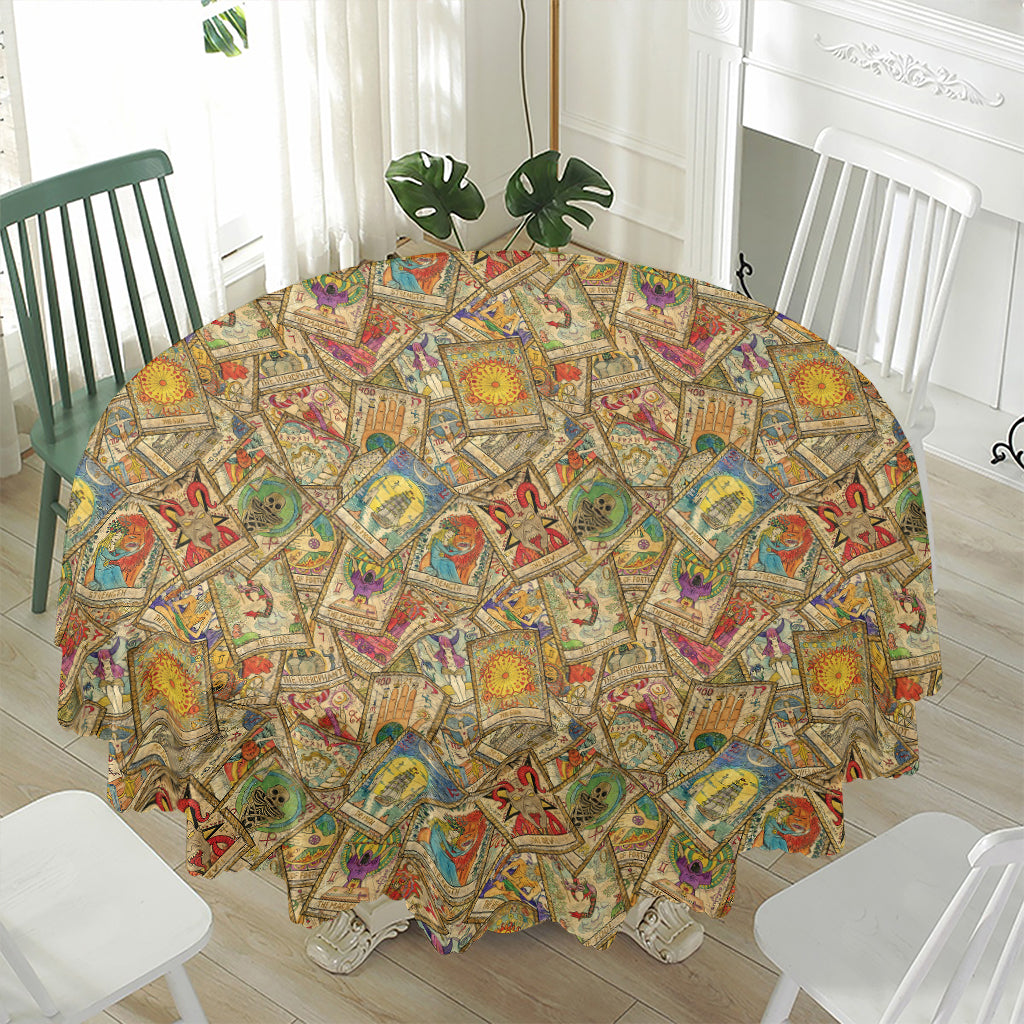 Vintage Wicca Tarot Card Print Waterproof Round Tablecloth