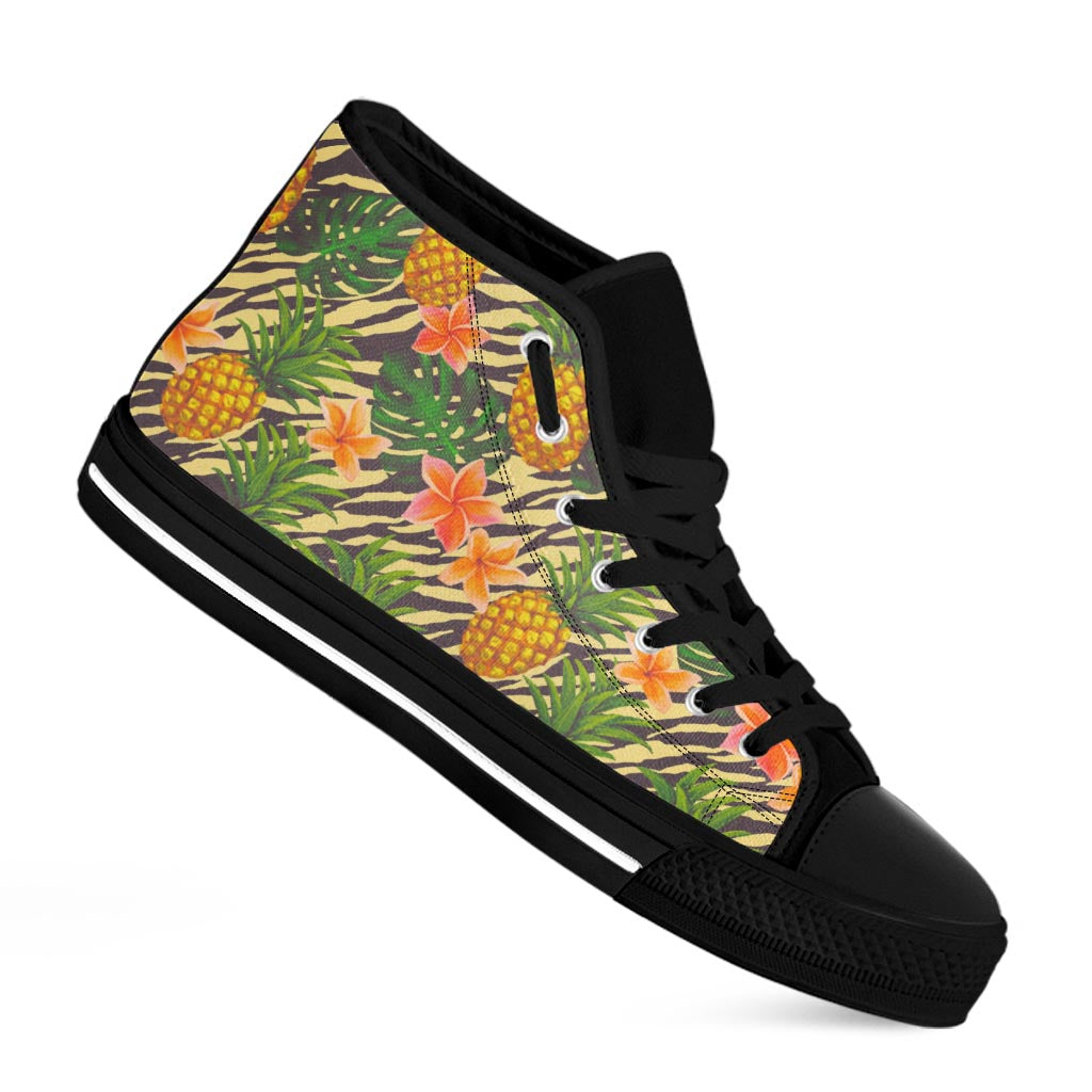 Vintage Zebra Pineapple Pattern Print Black High Top Sneakers