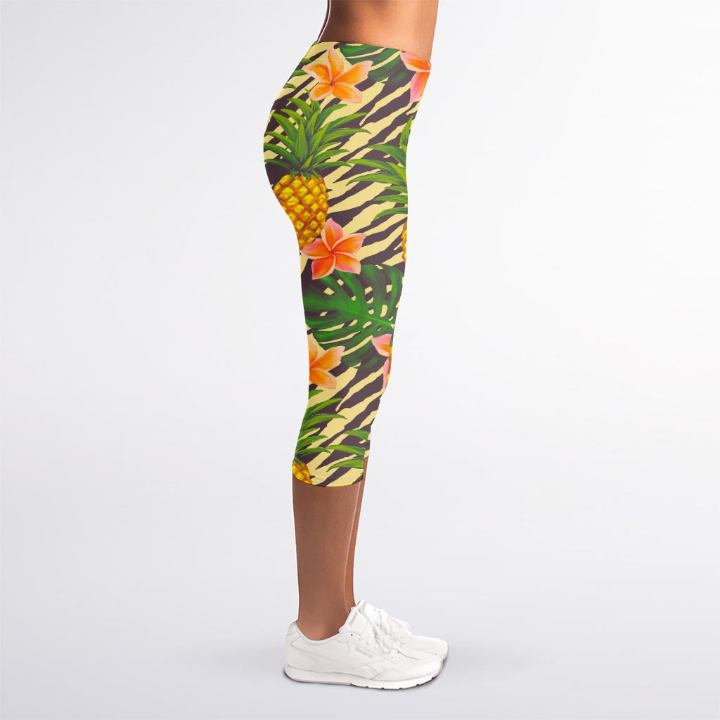 Vintage Zebra Pineapple Pattern Print Women's Capri Leggings