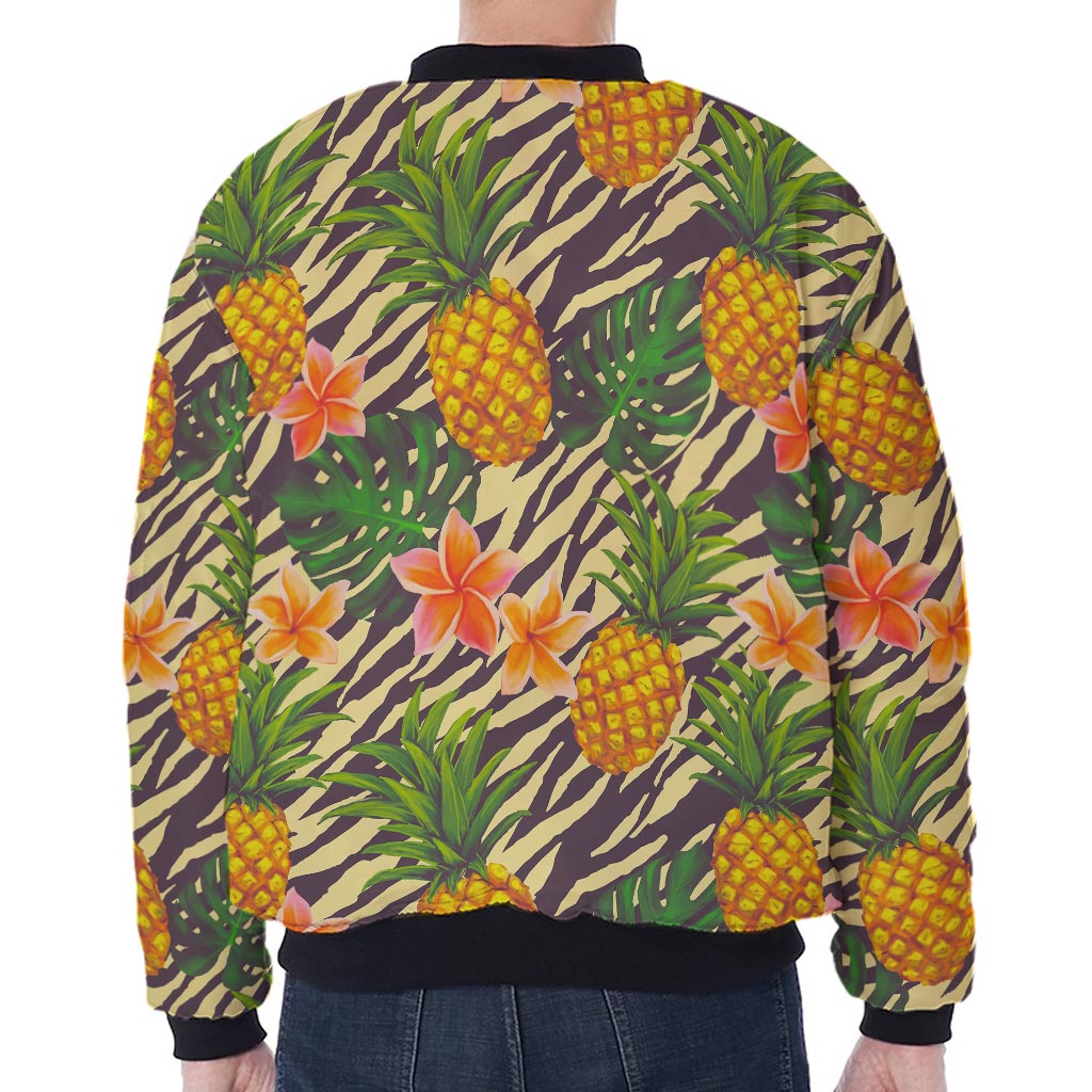 Vintage Zebra Pineapple Pattern Print Zip Sleeve Bomber Jacket