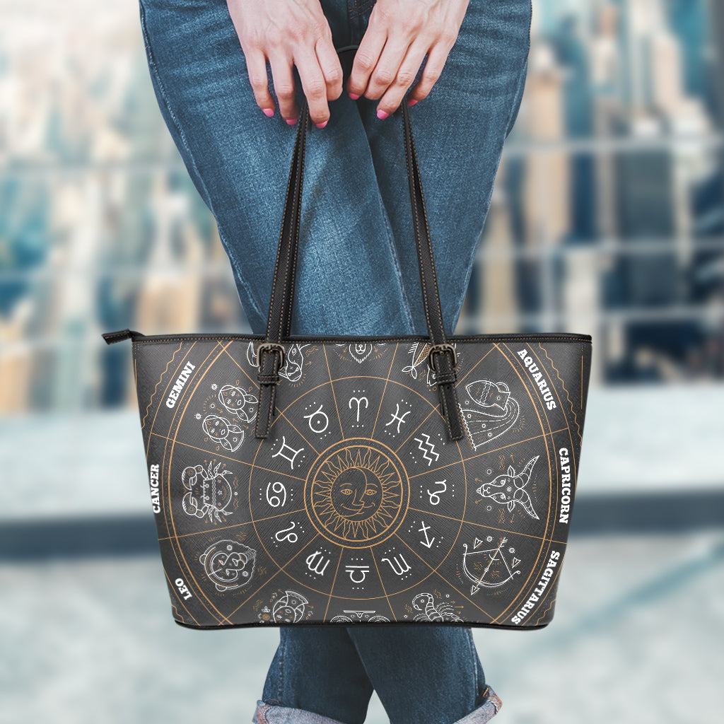 Vintage Zodiac Circle Print Leather Tote Bag