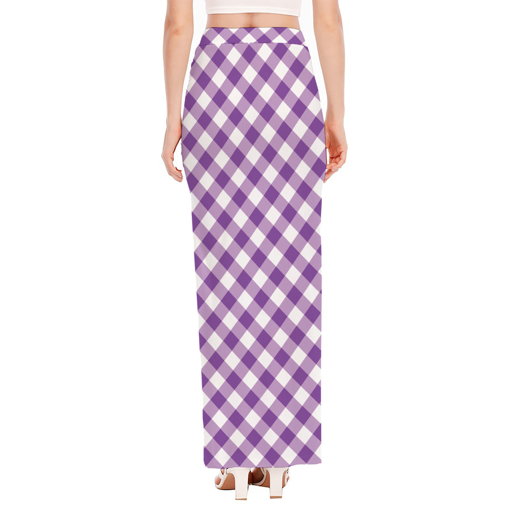 Violet And White Gingham Pattern Print High Slit Maxi Skirt