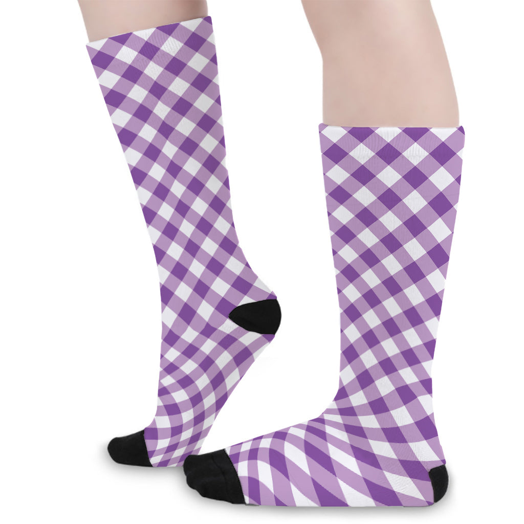 Violet And White Gingham Pattern Print Long Socks