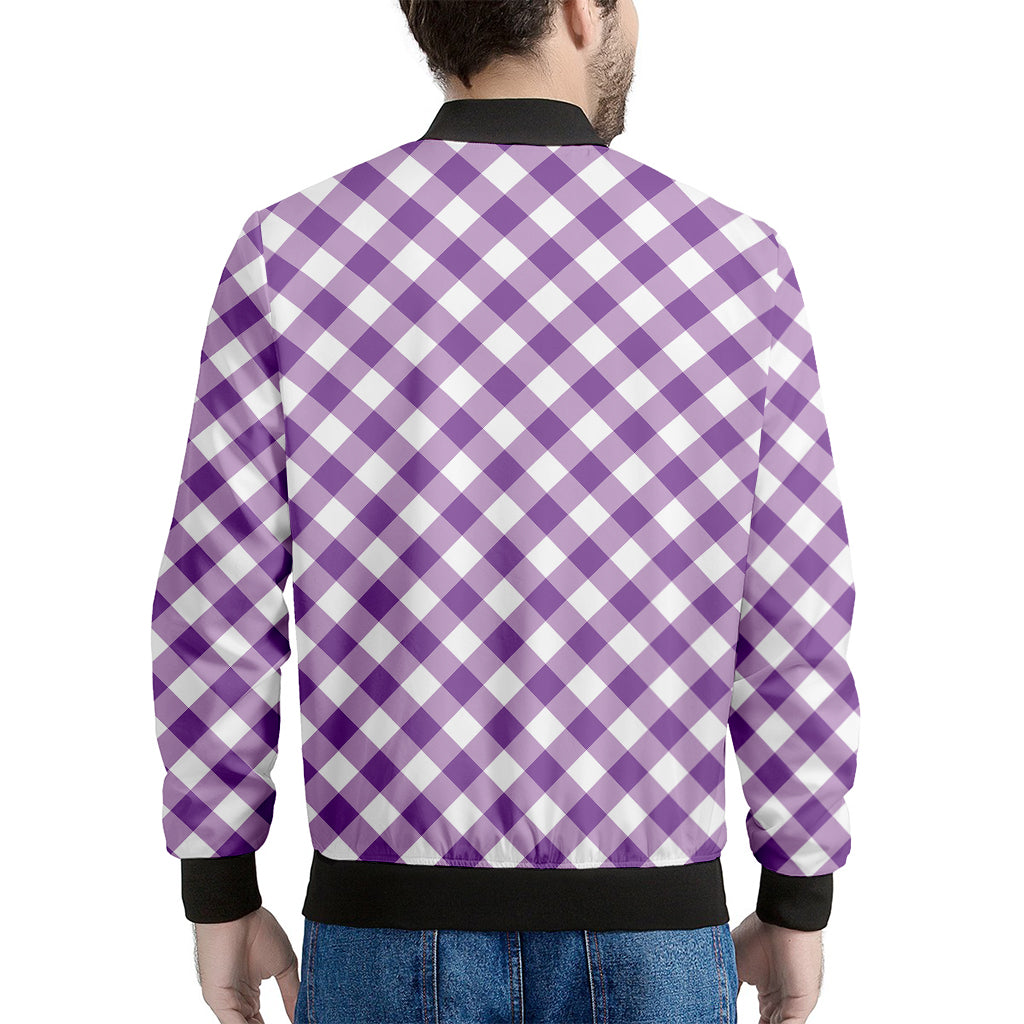 Violet And White Gingham Pattern Print Men's Bomber Jacket