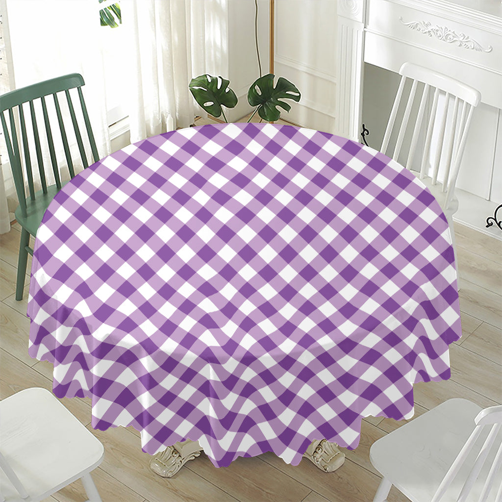 Violet And White Gingham Pattern Print Waterproof Round Tablecloth