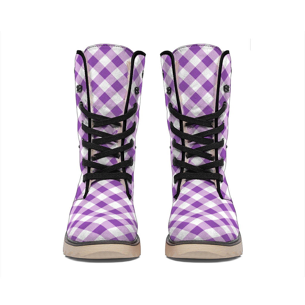 Violet And White Gingham Pattern Print Winter Boots