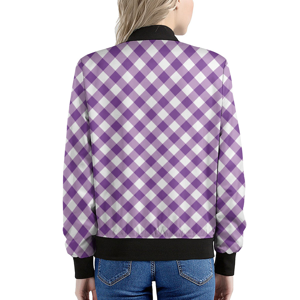 Violet And White Gingham Pattern Print Women's Bomber Jacket