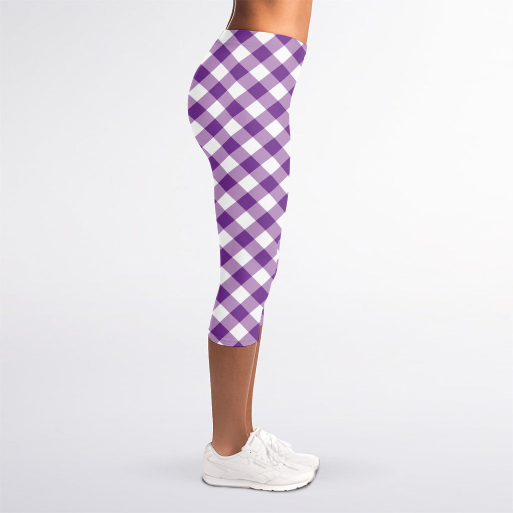 Violet And White Gingham Pattern Print Women's Capri Leggings