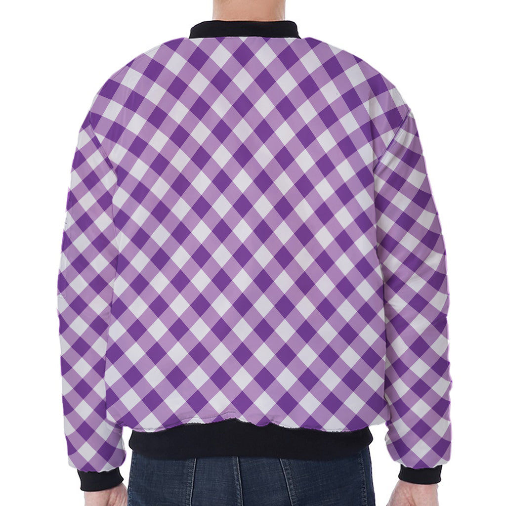 Violet And White Gingham Pattern Print Zip Sleeve Bomber Jacket