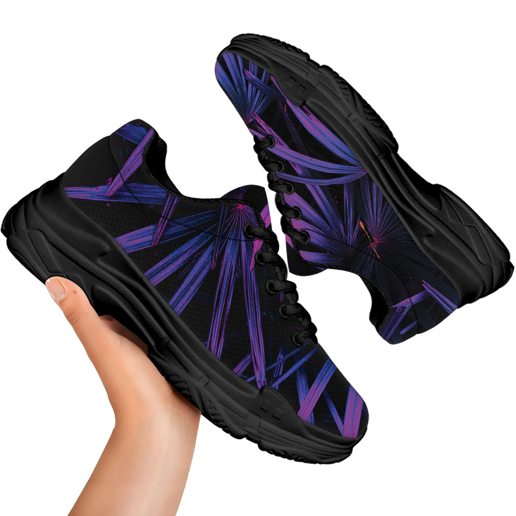 Violet Tropical Leaves Print Black Chunky Shoes