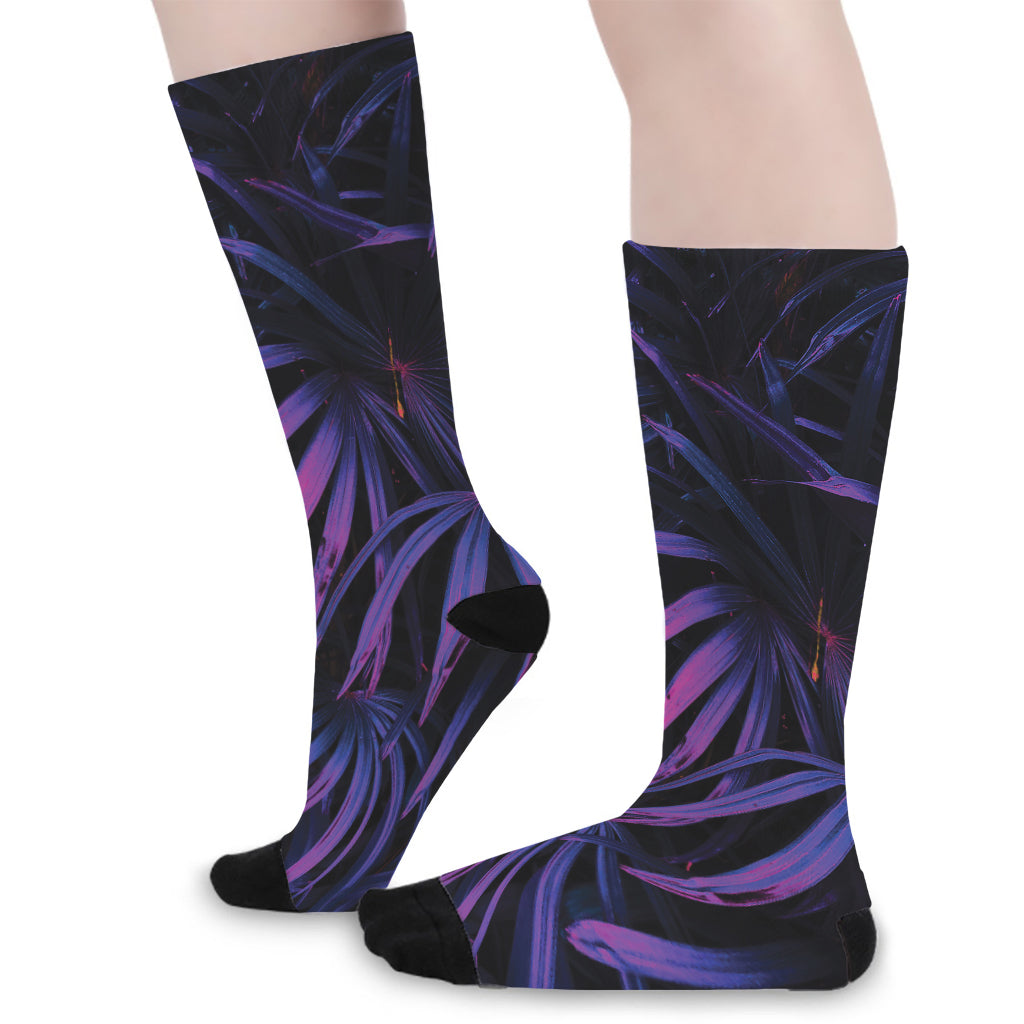 Violet Tropical Leaves Print Long Socks