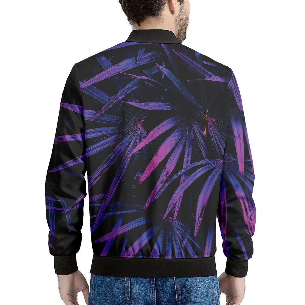 Violet Tropical Leaves Print Men's Bomber Jacket