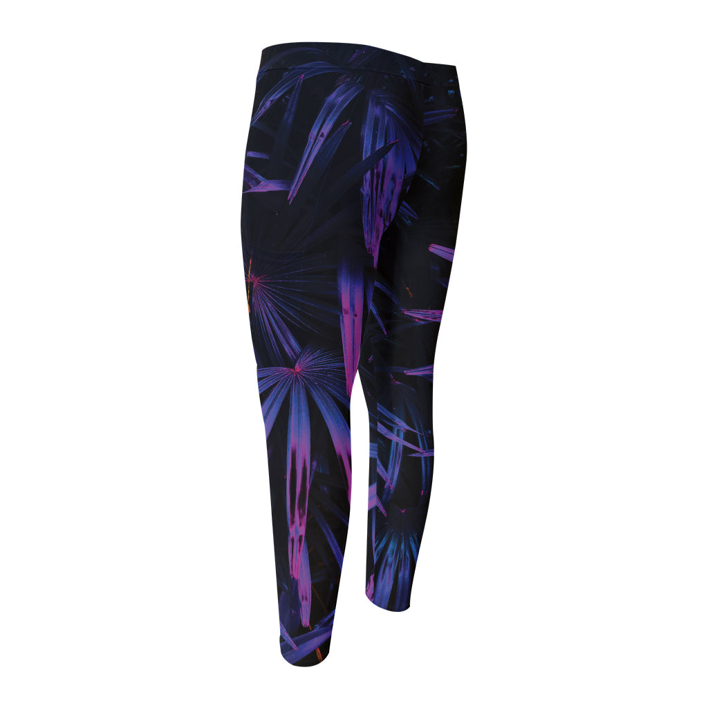 Violet Tropical Leaves Print Men's Compression Pants