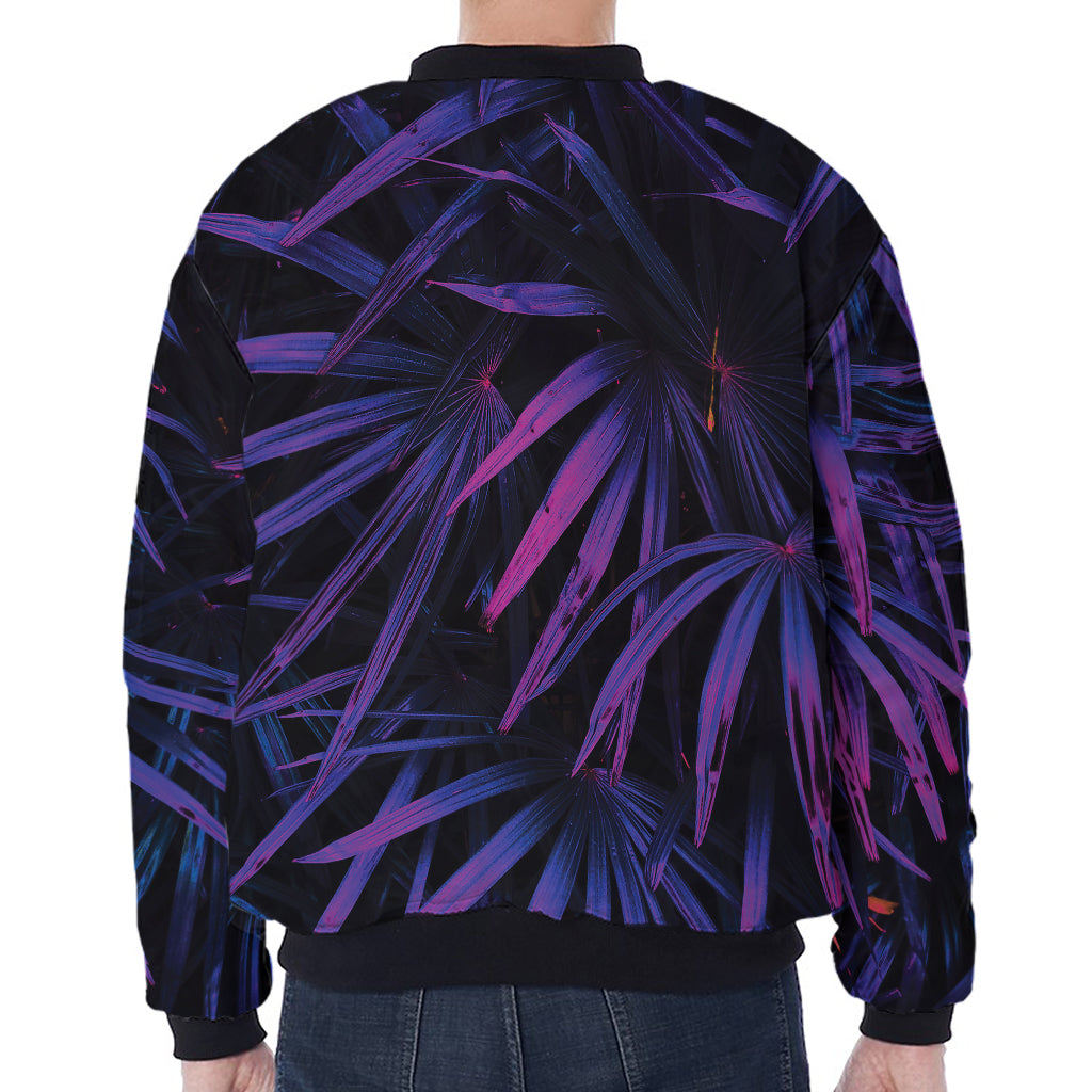 Violet Tropical Leaves Print Zip Sleeve Bomber Jacket