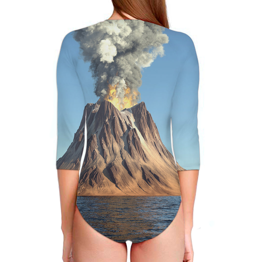 Volcanic Mountain Print Long Sleeve Swimsuit