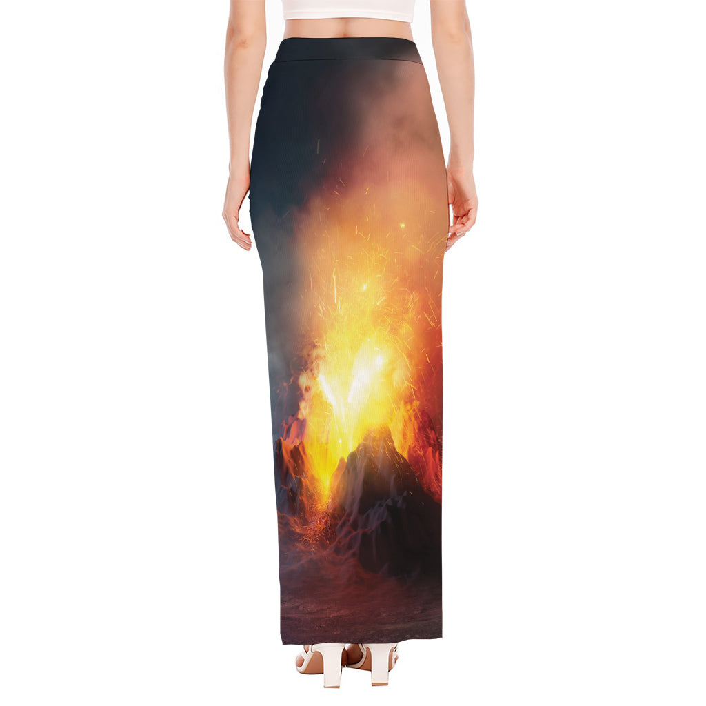 Volcano Eruption Print High Slit Maxi Skirt